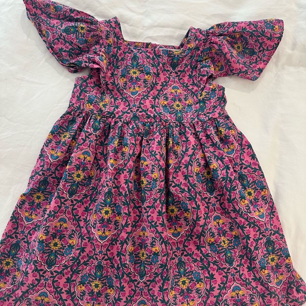 Mini Boden Girls Flutter Sleeve Printed Dress Azalea Woodblock Vine - Size 4/5